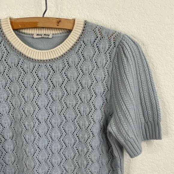 Miu Miu Cashmere Knit Baby Blue Contrast Sweater - Picture 2 of 7